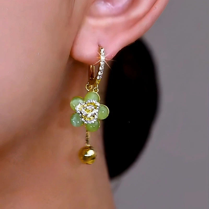 14K Gold-Plated Elegant Zircon Green Cat's Eye Flower Earrings - elegant green flower earrings