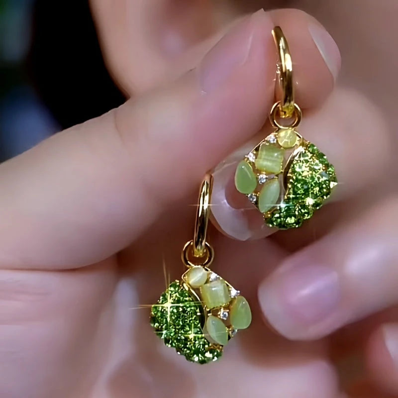 14K Gold-Plated Elegant Zircon Green Cat's Eye Stone Diamond Earrings - elegant green drop earrings
