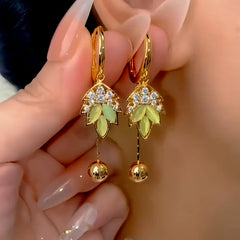 14K Gold-Plated Elegant Zircon Green Cat's Eye Stone Leaf Tassel Earrings - elegant green tassel earrings