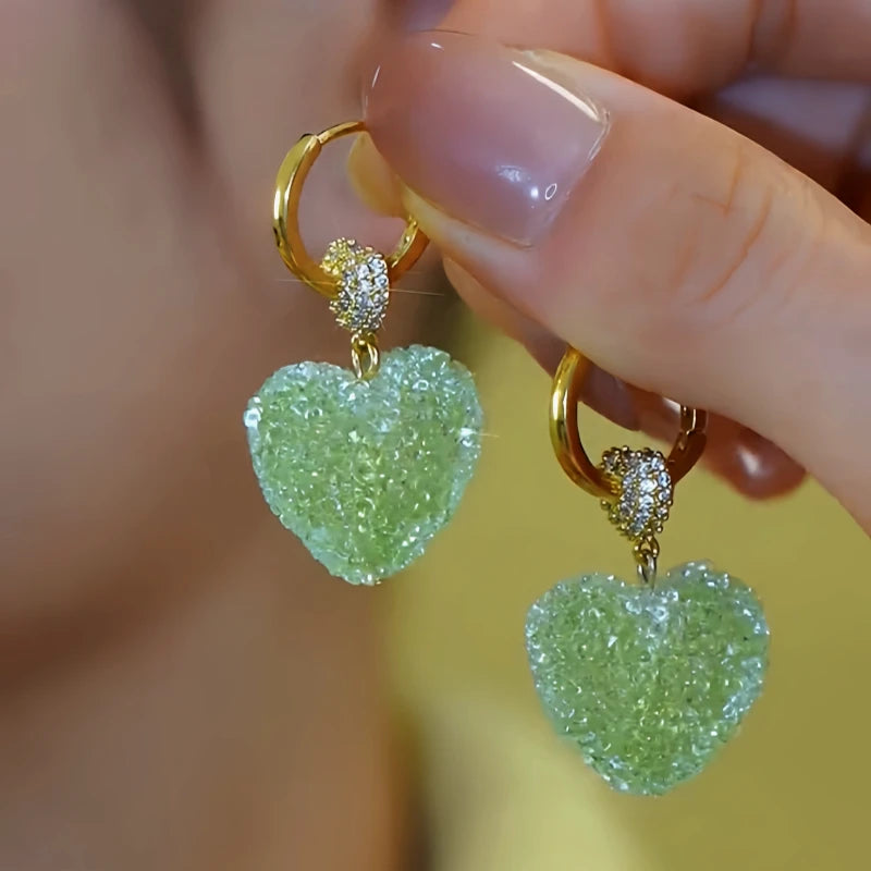 14K Gold-Plated Elegant Zircon Green Crystal Heart Earrings - elegant green heart earrings