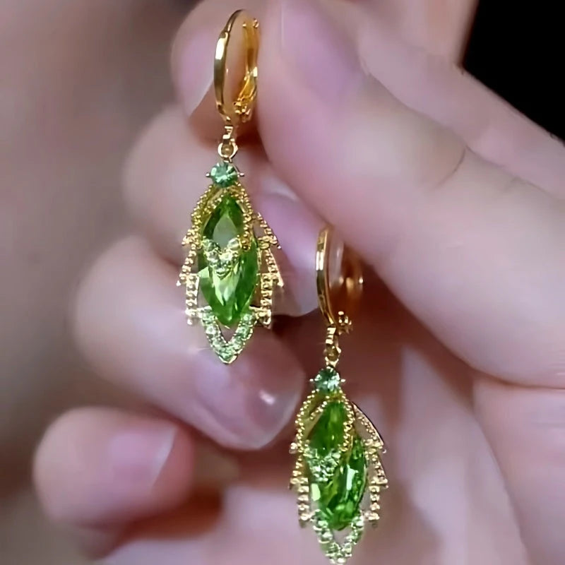 14K Gold-Plated Elegant Zircon Green Crystal Leaf Earrings - elegant green leaf earrings