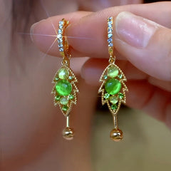 14K Gold-Plated Elegant Zircon Green Diamond Cat's Eye Stone Leaf Tassel Earrings - elegant green tassel earrings