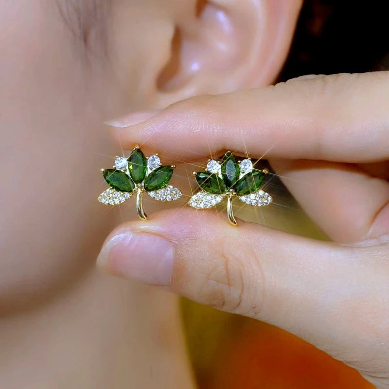 14K Gold-Plated Elegant Zircon Green Diamond Leaf Stud Earrings - elegant green leaf earrings