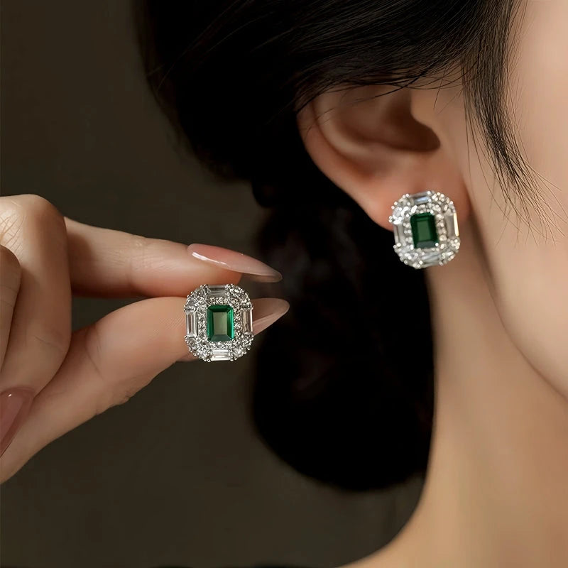 14K Gold-Plated Elegant Zircon Green Diamond Stud Earrings - elegant green stud earrings
