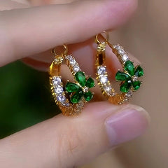 14K Gold-Plated Elegant Zircon Green Flower Hoop Earrings - elegant green flower earrings