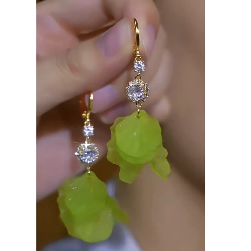 14K Gold-Plated Elegant Zircon Green Flower Tassel Earrings - elegant green tassel earrings