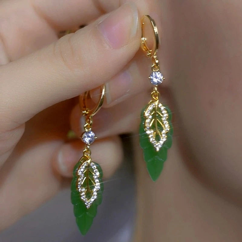 14K Gold-Plated Elegant Zircon Green Leaf Earrings - elegant green leaf earrings