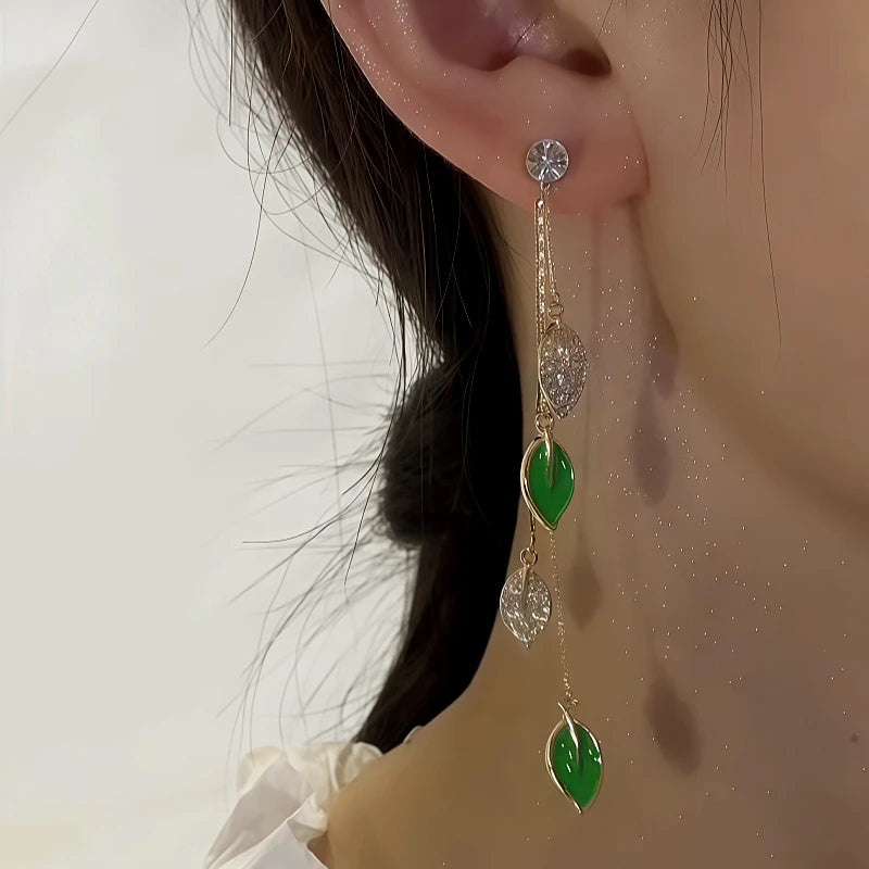 14K Gold-Plated Elegant Zircon Green Leaf Tassel Earrings - elegant green tassel earrings