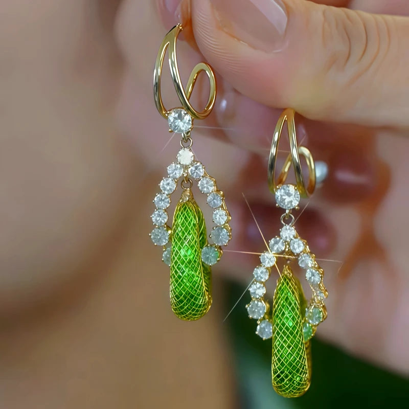 14K Gold-Plated Elegant Zircon Green Mesh Crystal Tassel Earrings - elegant green tassel earrings