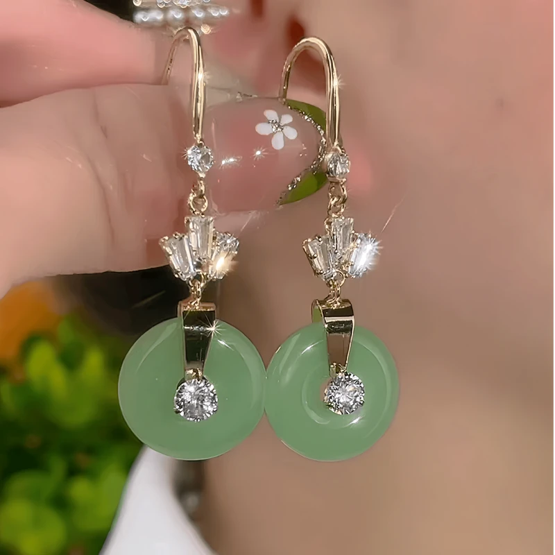 14K Gold-Plated Elegant Zircon Green Round Peace Ear Hooks - elegant green threader earrings