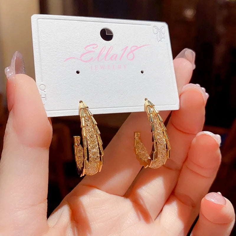 Angled view of the 14K Gold-Plated Elegant Zircon Grid Geometric Earrings