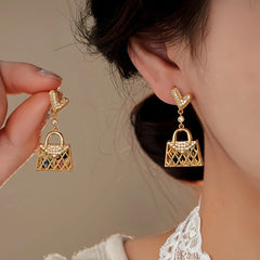 14K Gold-Plated Elegant Zircon Heart Bag Tassel Earrings - elegant silver tassel earrings