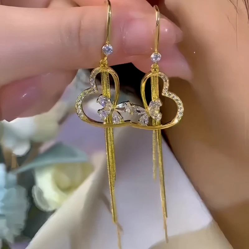 14K Gold-Plated Elegant Zircon Heart Butterfly Tassel Ear Hooks - elegant gold butterfly earrings