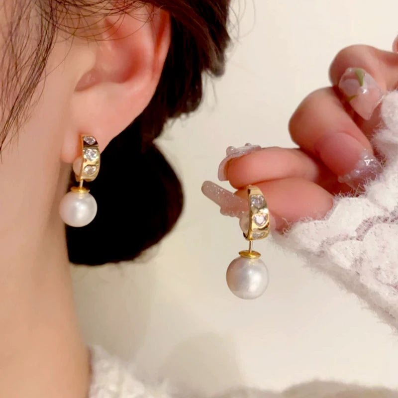 14K Gold-Plated Elegant Zircon Heart Pearl Earrings - elegant gold pearl earrings
