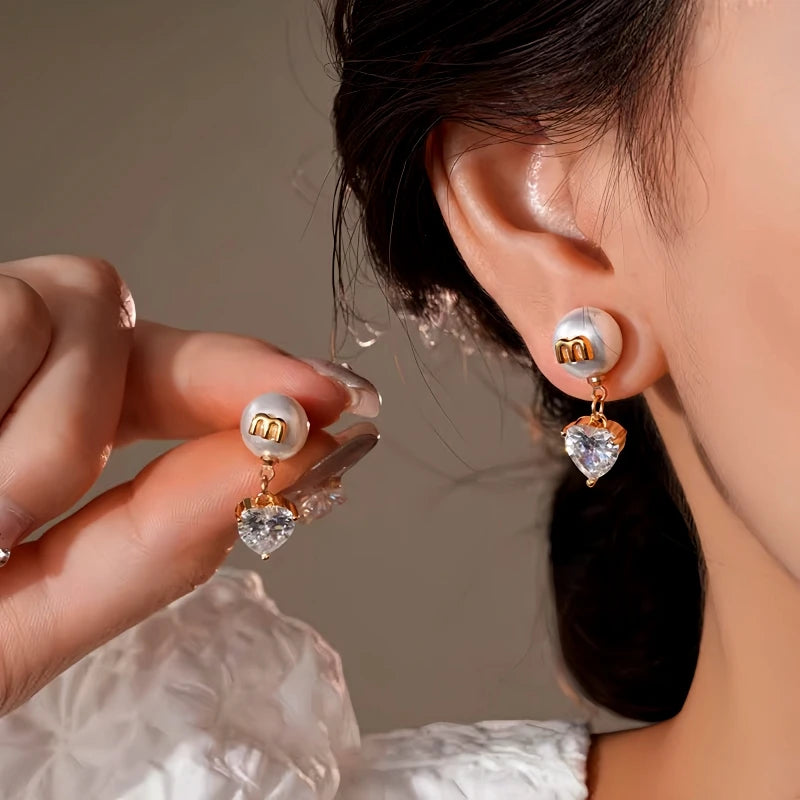 14K Gold-Plated Elegant Zircon Heart Pearl Earrings - elegant gold pearl earrings