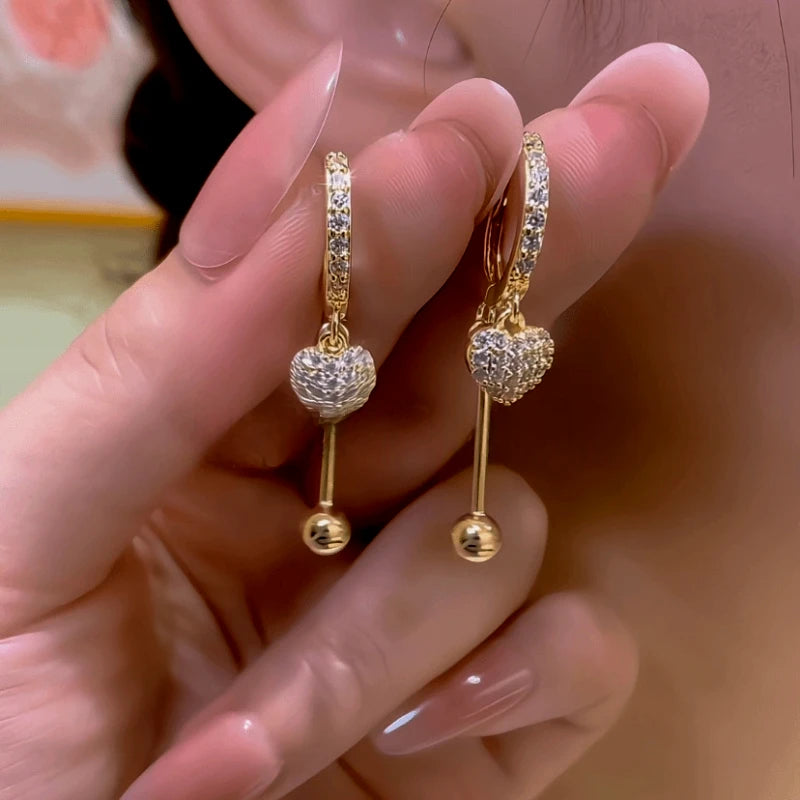 14K Gold-Plated Elegant Zircon Heart Tassel Earrings - elegant gold tassel earrings