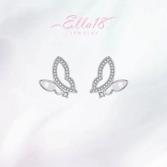 Close-up detail of the sparkling zircons and plating on the gold butterfly earrings