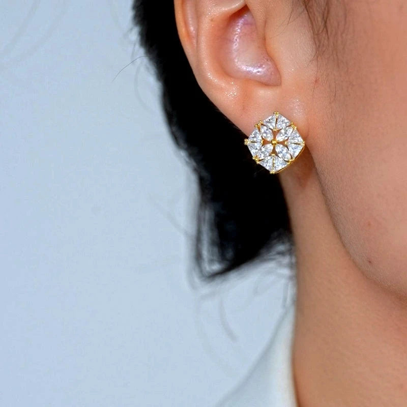 Close-up detail of the sparkling zircons and plating on the gold flower earrings