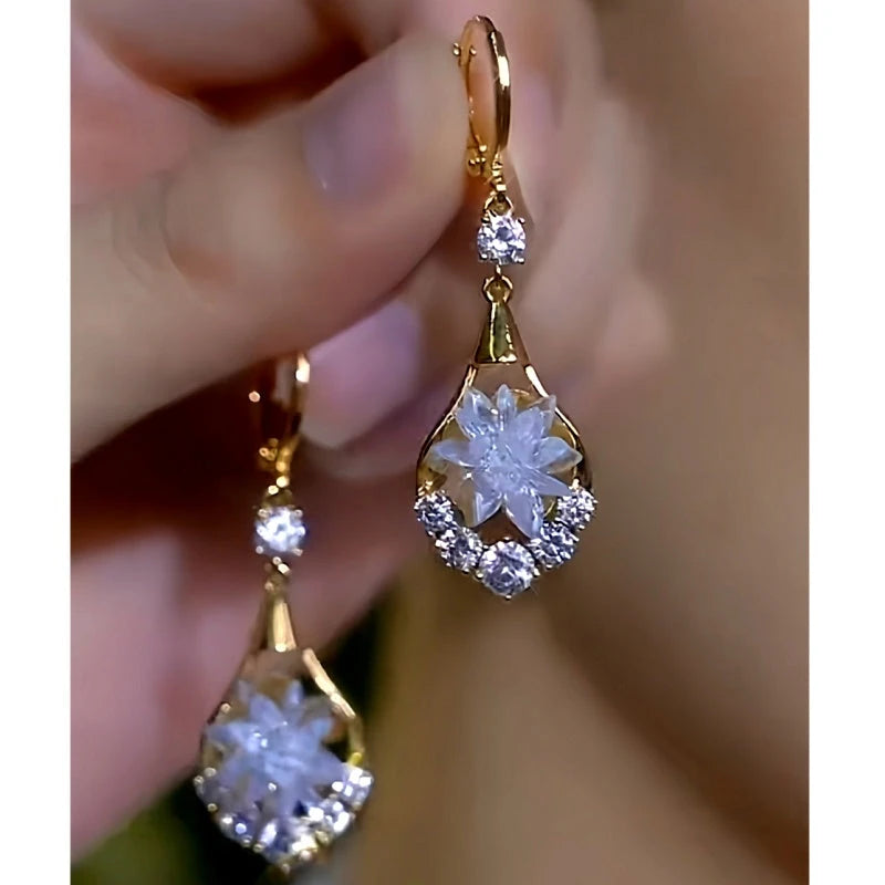 14K Gold-Plated Elegant Zircon Ice-Flower Earrings - elegant gold flower earrings