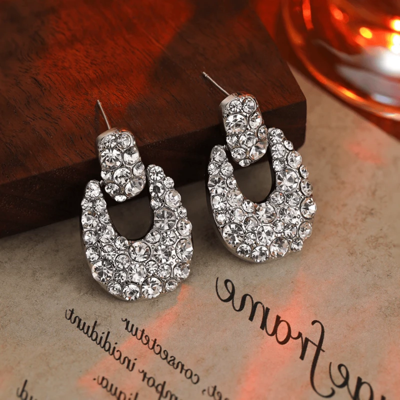 Angled view of the 14K Gold-Plated Elegant Zircon Inlaid Geometric Earrings