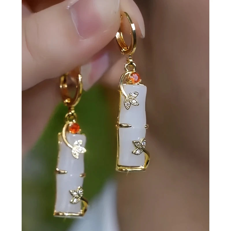 14K Gold-Plated Elegant Zircon Jade Bamboo Earrings - elegant gold bamboo earrings