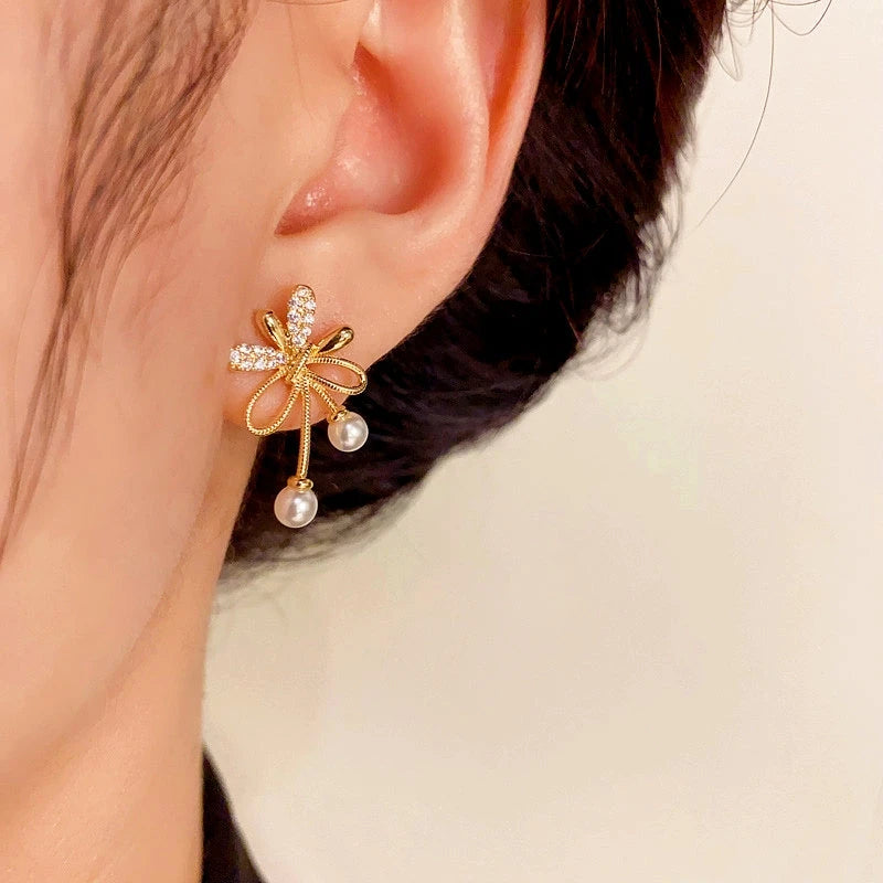 14K Gold-Plated Elegant Zircon Knotted Pearl Earrings - elegant gold pearl earrings