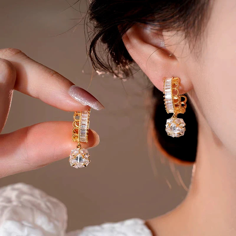 14K Gold-Plated Elegant Zircon Lace Ball Earrings - elegant gold drop earrings