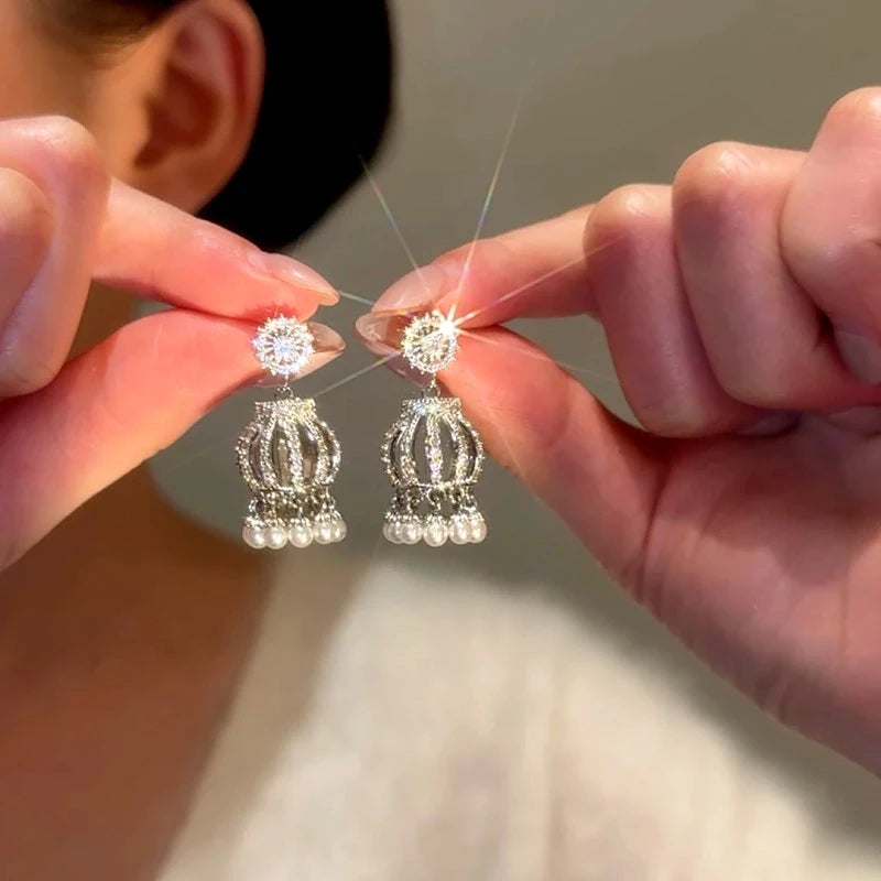 14K Gold-Plated Elegant Zircon Lantern Pearl Tassel Earrings - elegant silver tassel earrings