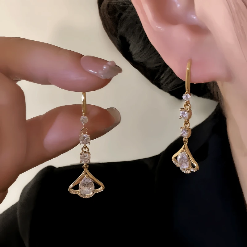14K Gold-Plated Elegant Zircon Leaf Ear Hooks - elegant gold threader earrings