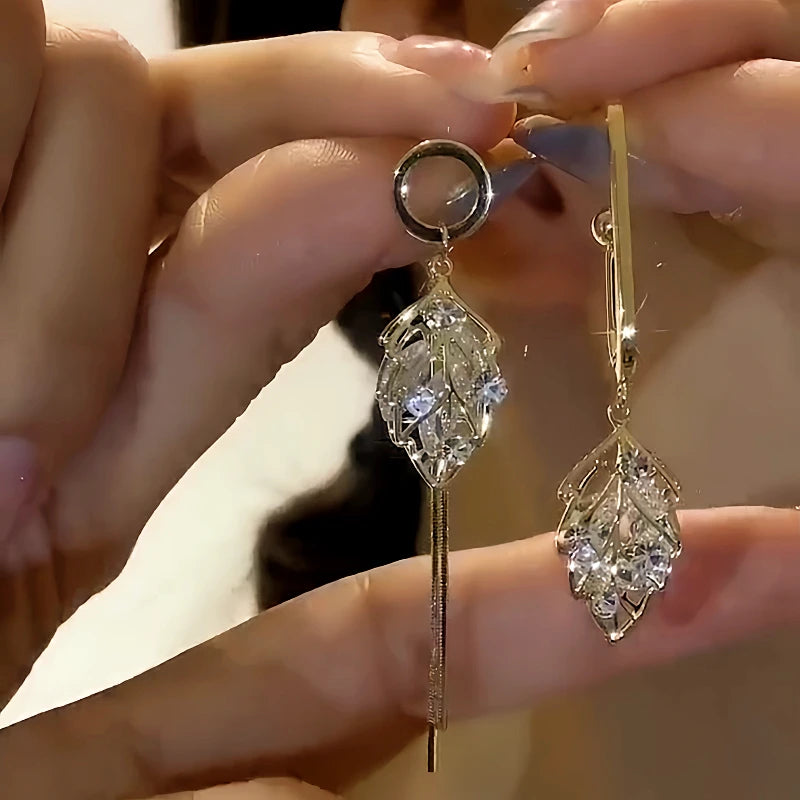 14K Gold-Plated Elegant Zircon Leaf Earrings - elegant gold leaf earrings