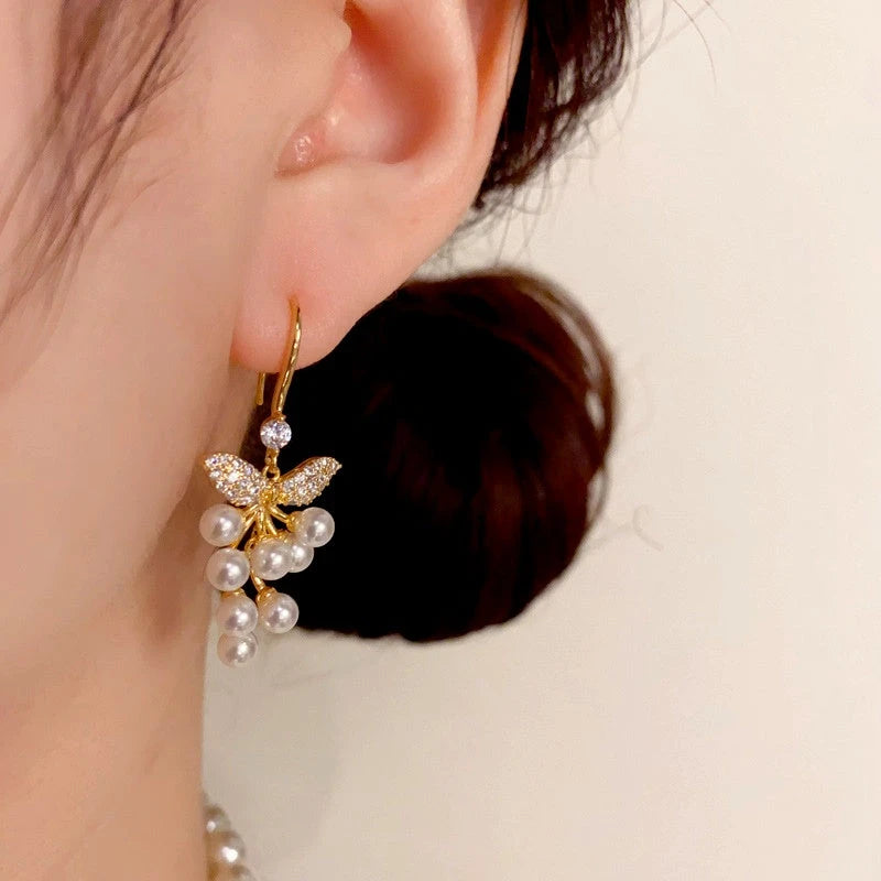 14K Gold-Plated Elegant Zircon Leaf Pearl Ear Hooks - elegant gold pearl earrings