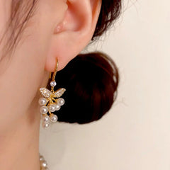 14K Gold-Plated Elegant Zircon Leaf Pearl Ear Hooks - elegant gold pearl earrings