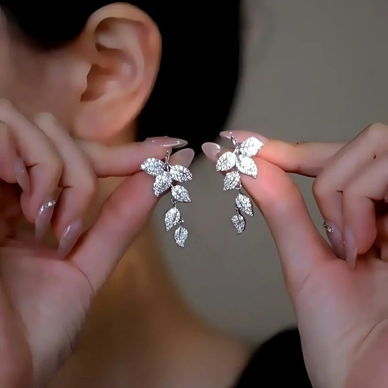 14K Gold-Plated Elegant Zircon Leaf Tassel Earrings - elegant silver tassel earrings