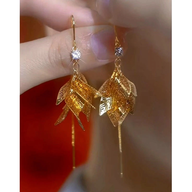 14K Gold-Plated Elegant Zircon Leaf Tassel Threader Earrings - elegant gold threader earrings