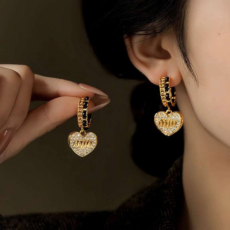 14K Gold-Plated Elegant Zircon Letter Heart Earrings - elegant gold heart earrings