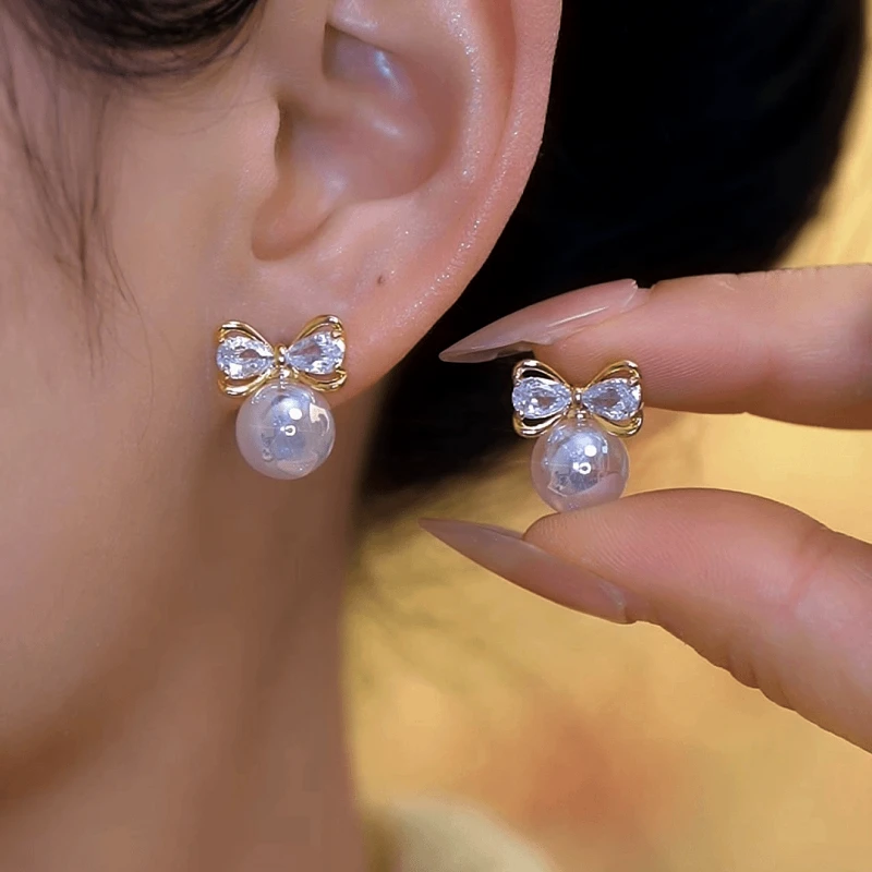 14K Gold-Plated Elegant Zircon Mermaid Bow Pearl Earrings - elegant gold pearl earrings