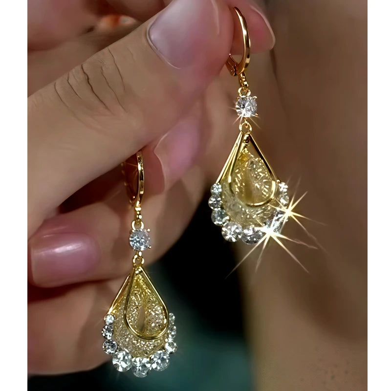 14K Gold-Plated Elegant Zircon Mesh Water Drop Earrings - elegant gold drop earrings