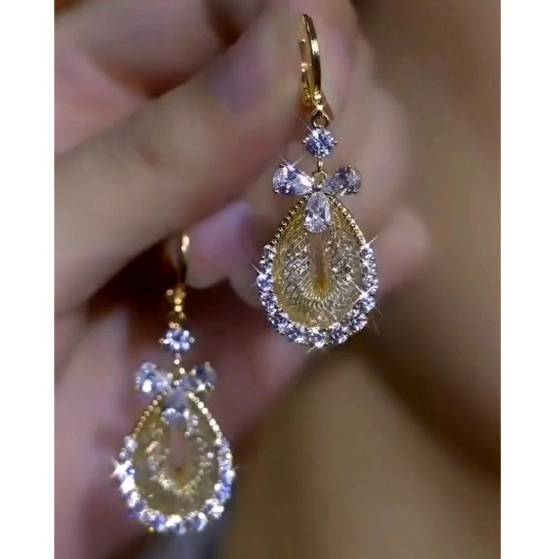 14K Gold-Plated Elegant Zircon Mesh Water Drop Earrings - elegant gold drop earrings