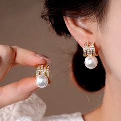 14K Gold-Plated Elegant Zircon Multi-Layer Pearl Earrings - elegant gold pearl earrings