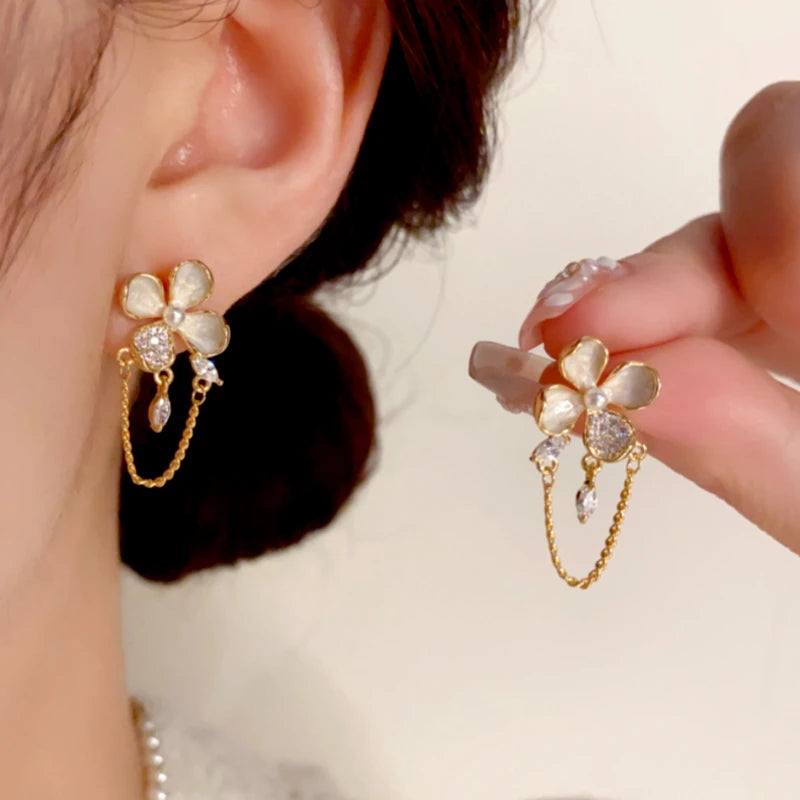 14K Gold-Plated Elegant Zircon Oil Drop Flower Chain Tassel Earrings - elegant gold tassel earrings