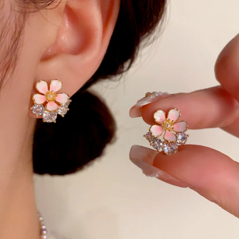 14K Gold-Plated Elegant Zircon Oil Drop Flower Stud Earrings - elegant gold flower earrings