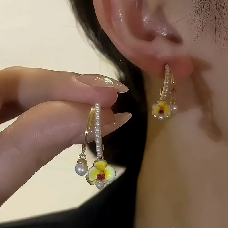14K Gold-Plated Elegant Zircon Orchid Flower Pearl Earrings - elegant gold flower earrings