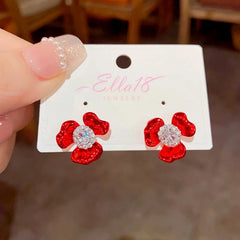 Angled view of the 14K Gold-Plated Elegant Zircon Painted Flower Stud Earrings