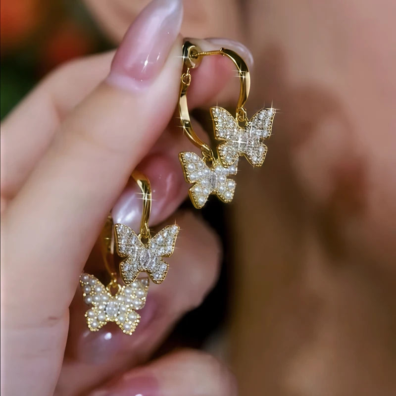 14K Gold-Plated Elegant Zircon Pearl Butterfly Cross Earrings - elegant gold butterfly earrings