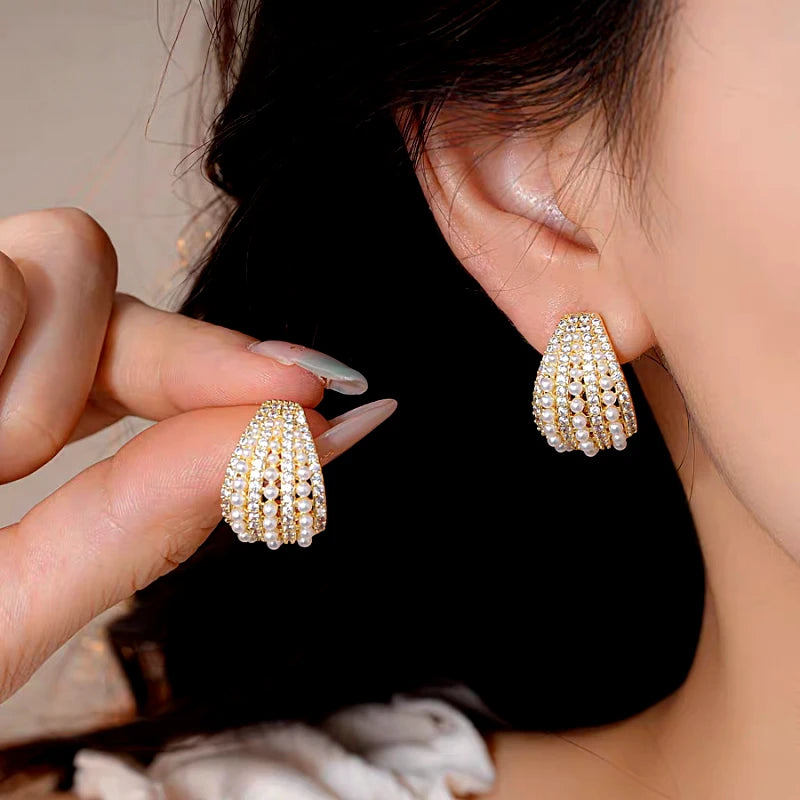 14K Gold-Plated Elegant Zircon Pearl C-Shaped Earrings - elegant gold hoop earrings