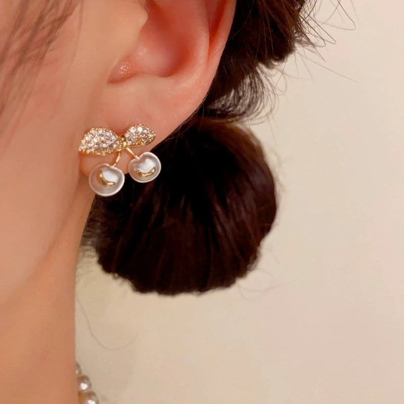 14K Gold-Plated Elegant Zircon Pearl Cherry Earrings - elegant gold stud earrings