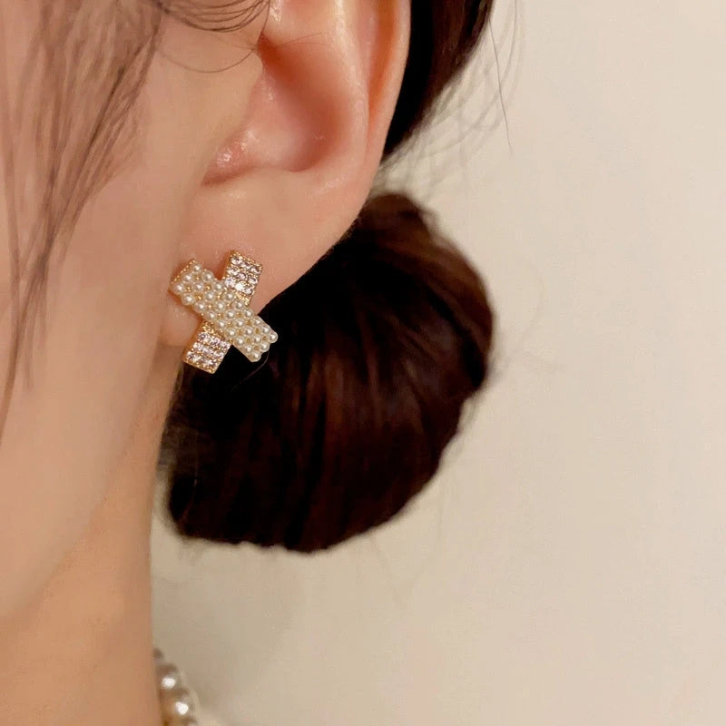14K Gold-Plated Elegant Zircon Pearl Cross Stud Earrings - elegant gold cross earrings
