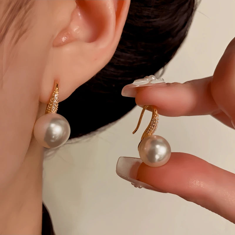 14K Gold-Plated Elegant Zircon Pearl Ear Hooks - elegant gold pearl earrings