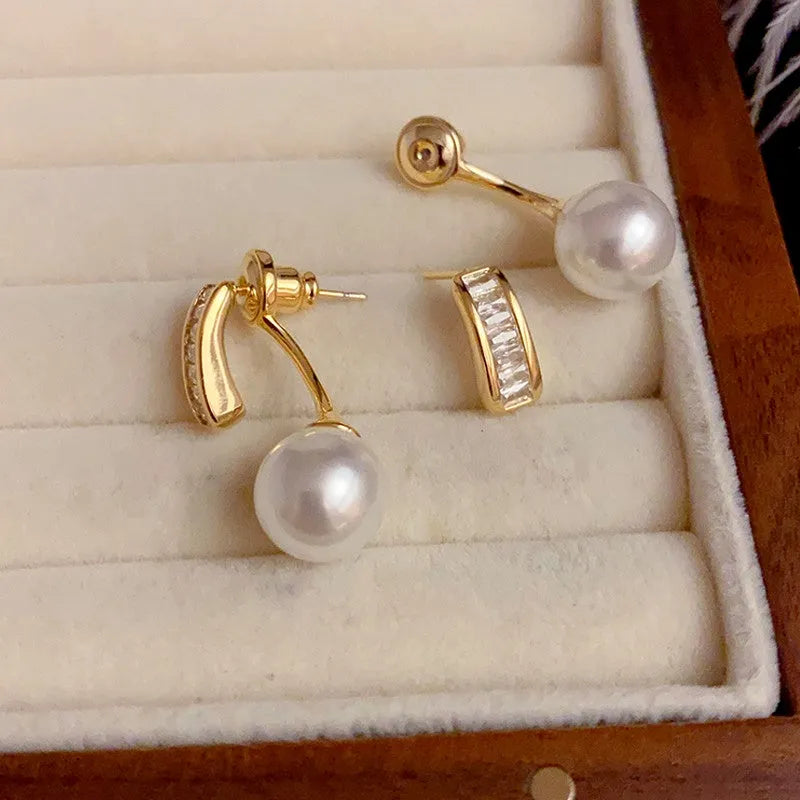 Angled view of the 14K Gold-Plated Elegant Zircon Pearl Earrings