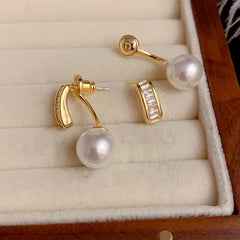 Angled view of the 14K Gold-Plated Elegant Zircon Pearl Earrings